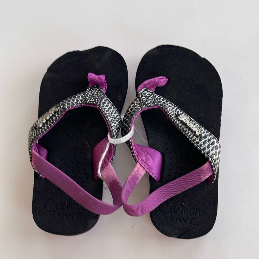 Reef black silver glitter purple flip flops Baby